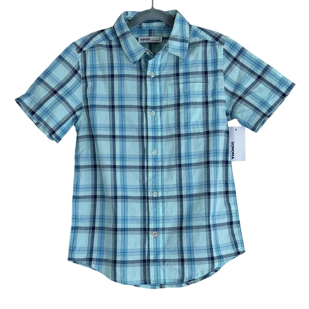 NWT Sonoma Plaid Button Down Shirt Boys S Blue 100% Cotton Short Sleeve Preppy